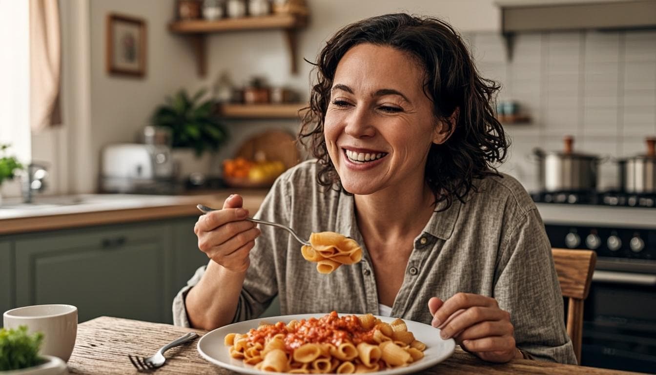 Persona disfrutando pastas caseras